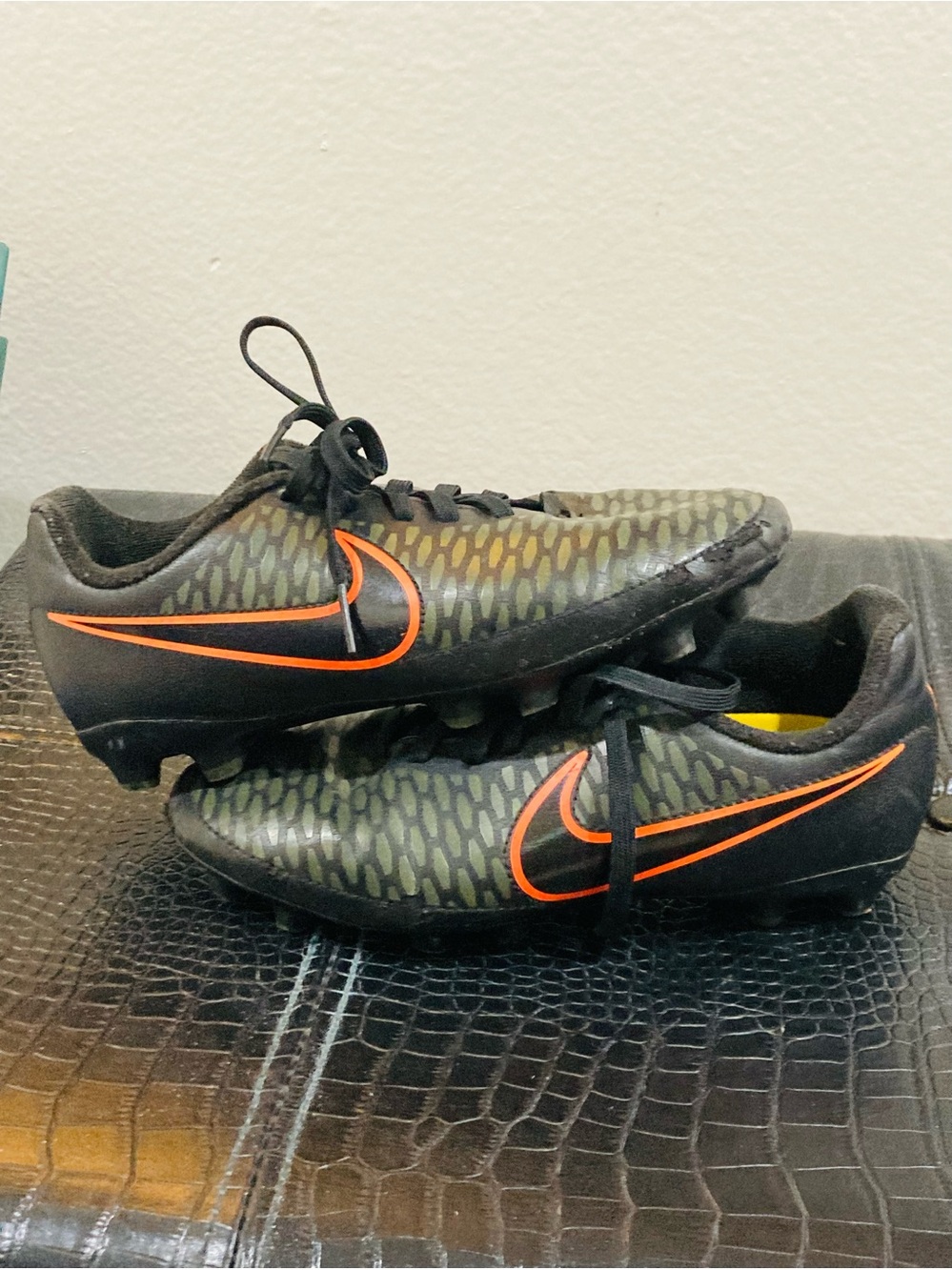 Gently Used size 3.5Y Nike Black and Olive Magista Soccer Cleats